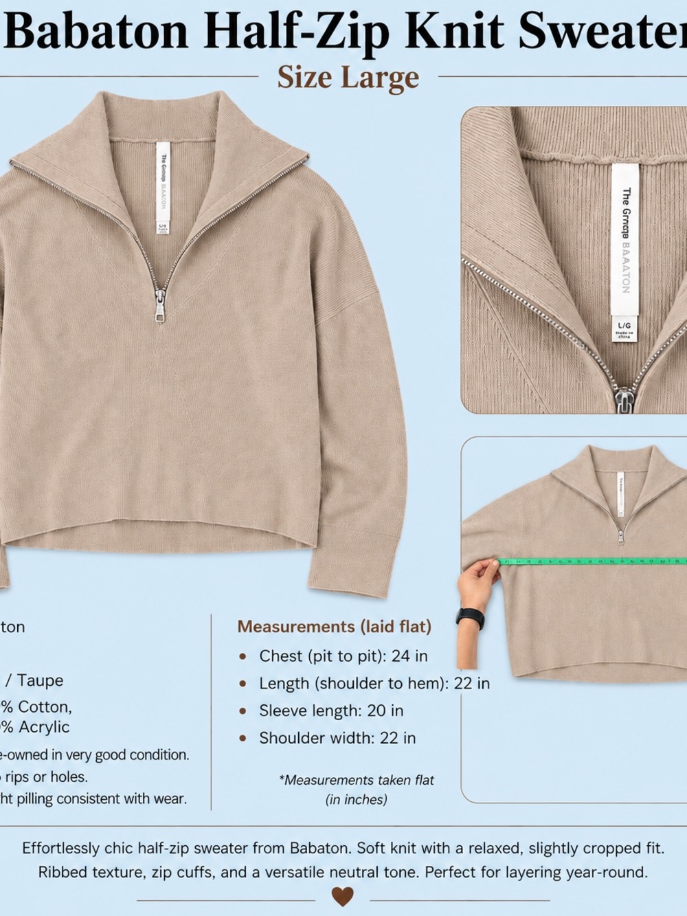 Babaton Taupe Half-Zip Ribbed Knit Pullover